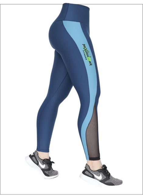 Women’s High-Waist Blue Fitness Leggings with Mesh Panel