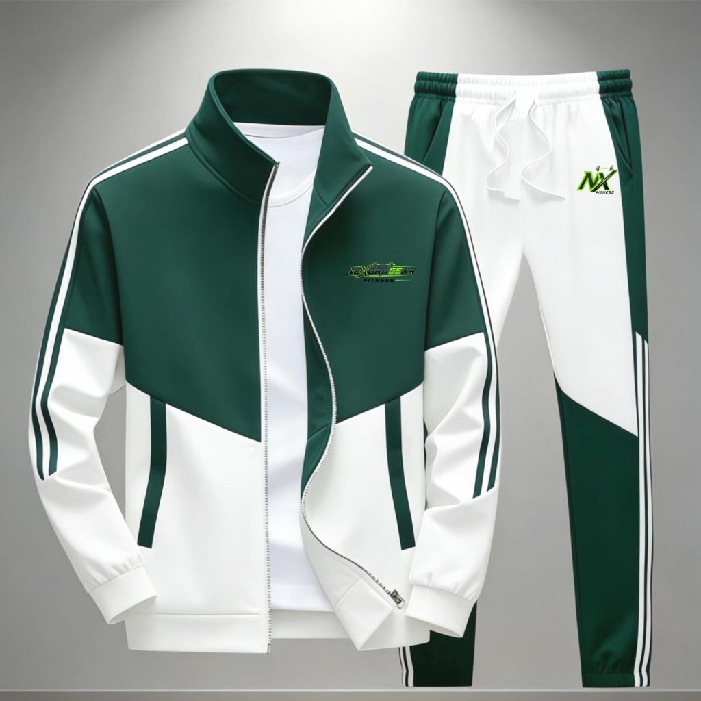 Nexora Gear Men’s Green & White Tracksuit – Full Zip Athletic Sportswear Set