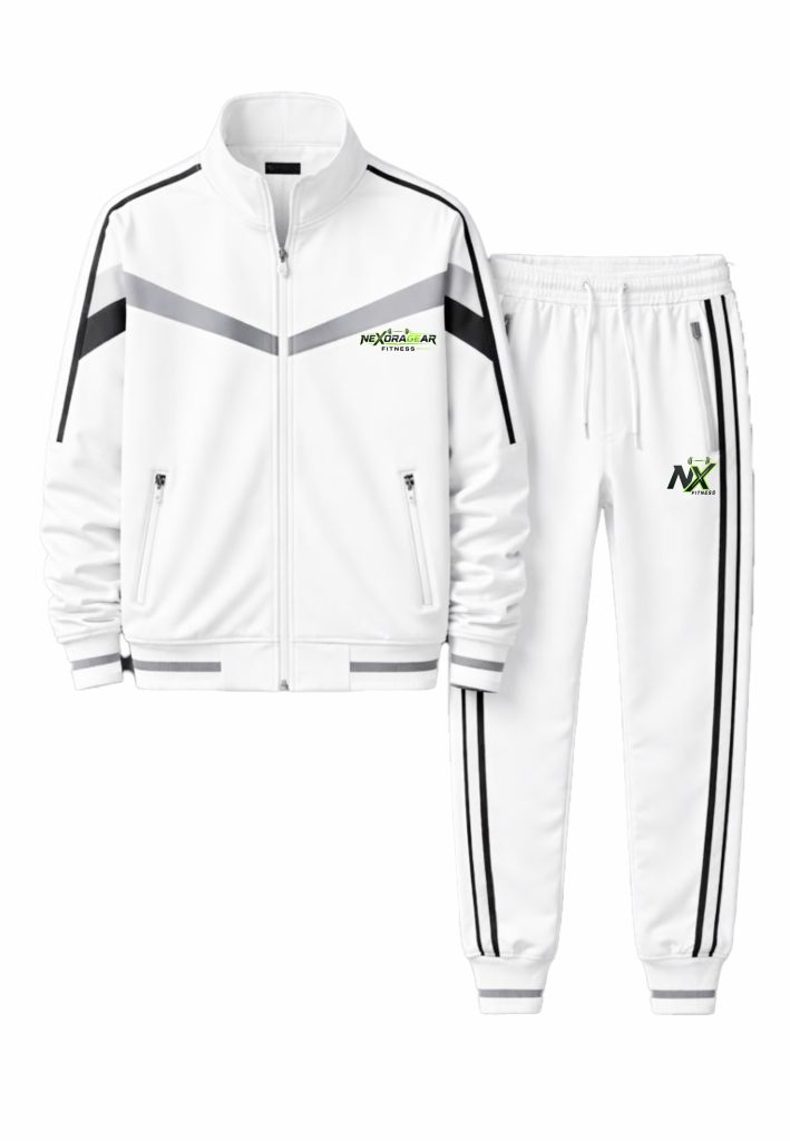 Men’s White Striped Tracksuit – Full-Zip Jacket & Jogger Set