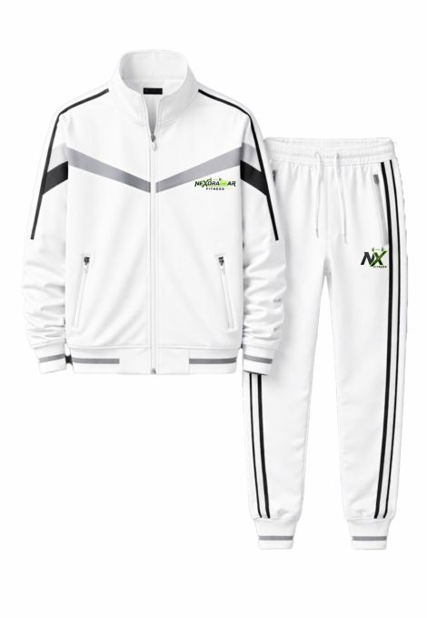 Men’s White Striped Tracksuit – Full-Zip Jacket & Jogger Set