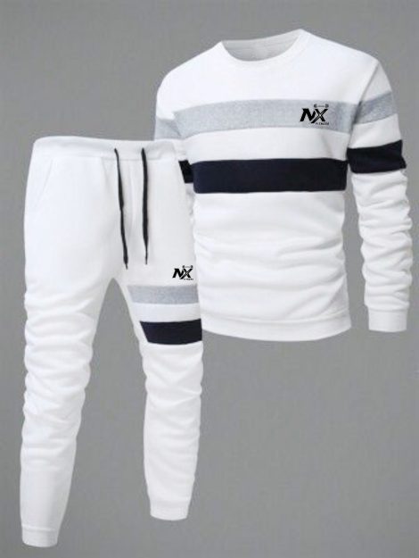 NX Fitness Men's Winter Tracksuit Set – Premium Sweatshirt & Jogger Pants (White & Black)