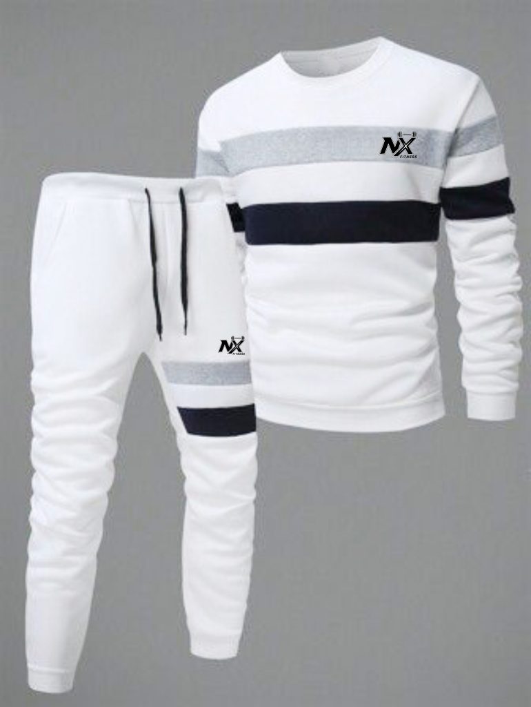 NX Fitness Men's Winter Tracksuit Set – Premium Sweatshirt & Jogger Pants (White & Black)